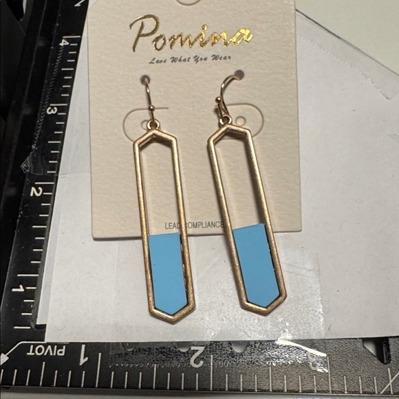 Pomina Geometric Gold Tone & Blue Bar Dangle Earrings  (BR1010/1) - Picture 4 of 5
